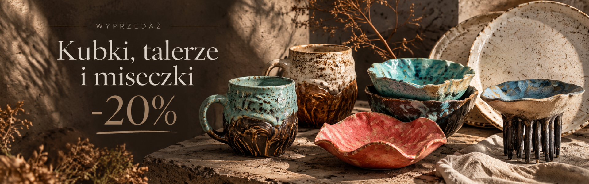 Wyprzedaż ceramiki handmade – kubki, talerze i miseczki -20% | Polepione Ręcznie robione kubki, talerze i miseczki ceramiczne w naturalnych kolorach i artystycznych formach – wyprzedaż ceramiki Polepione, rabat 20%.